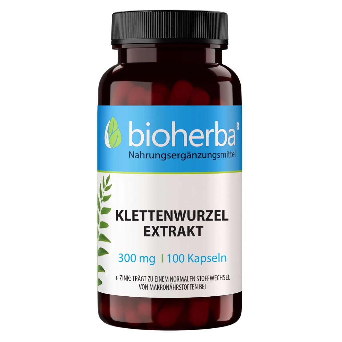 Braune Kapsel-Dose mit schwarzem Deckel. Etikett mit blauem Streifen, Produktname, Logo und Schriftzug. Enthält 100 Kapseln.