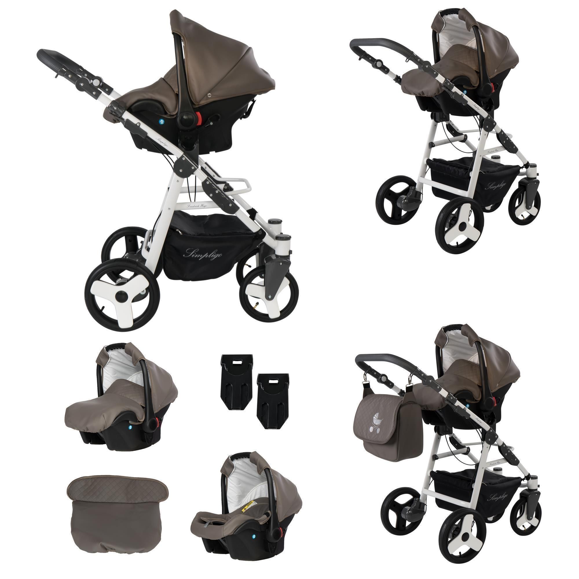 Friedrich Hugo Simpligo 4 in 1 Kinderwagen Komplettset ISOFIX Basis Luftreifen, Schlamm (Kunstleder)