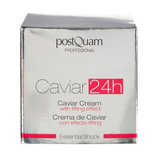 Silberne Verpackung mit Aufschrift: Caviar 24h, Caviar Cream with lifting effect, Postquam Professional.