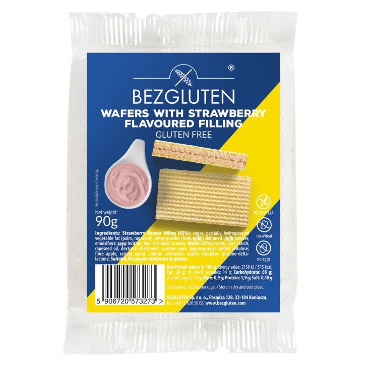 Verpackung mit Bezgluten Erdbeercreme Waffeln. Glutenfrei. Aufschrift: "Wafers with strawberry flavoured filling".