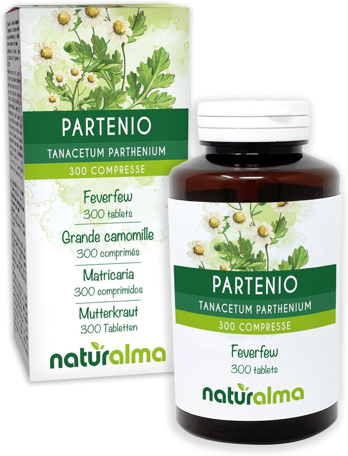 Produktverpackung: Tablettenflasche und Schachtel. Text: Partenio, 300 Tabletten, Naturalma.