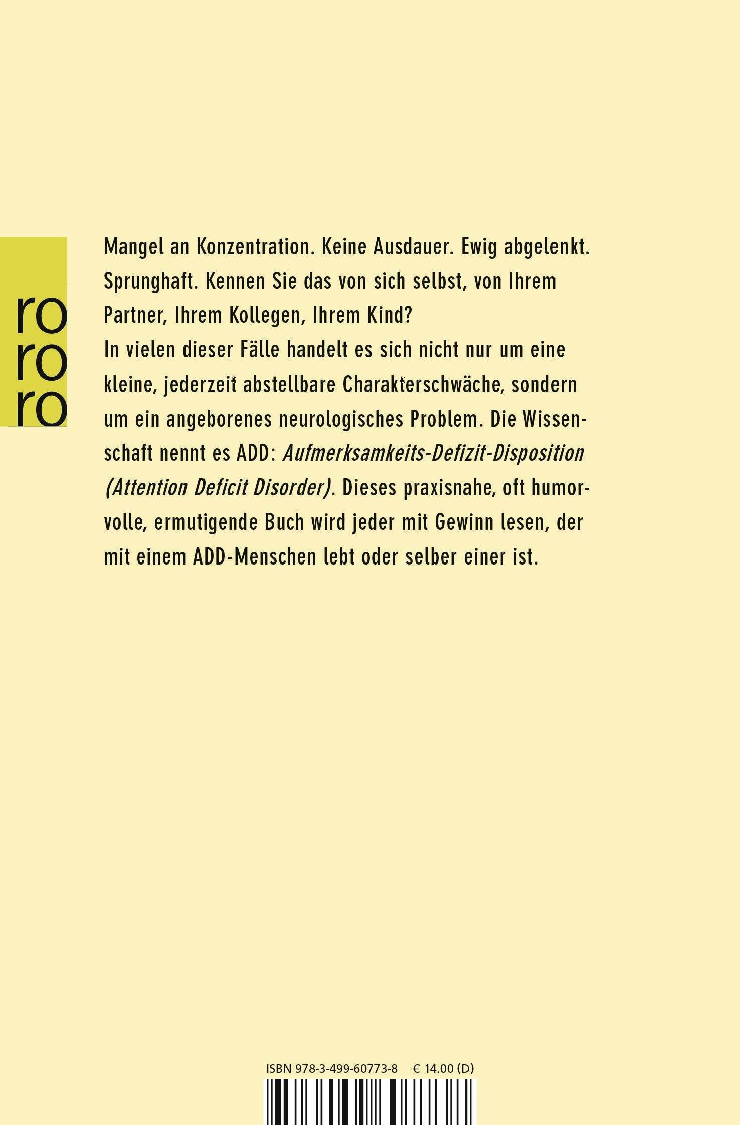 Buchrückseite mit Text. Titel: Zwanghaft zerstreut. ISBN-Nummer, Preis. Gelber Hintergrund.