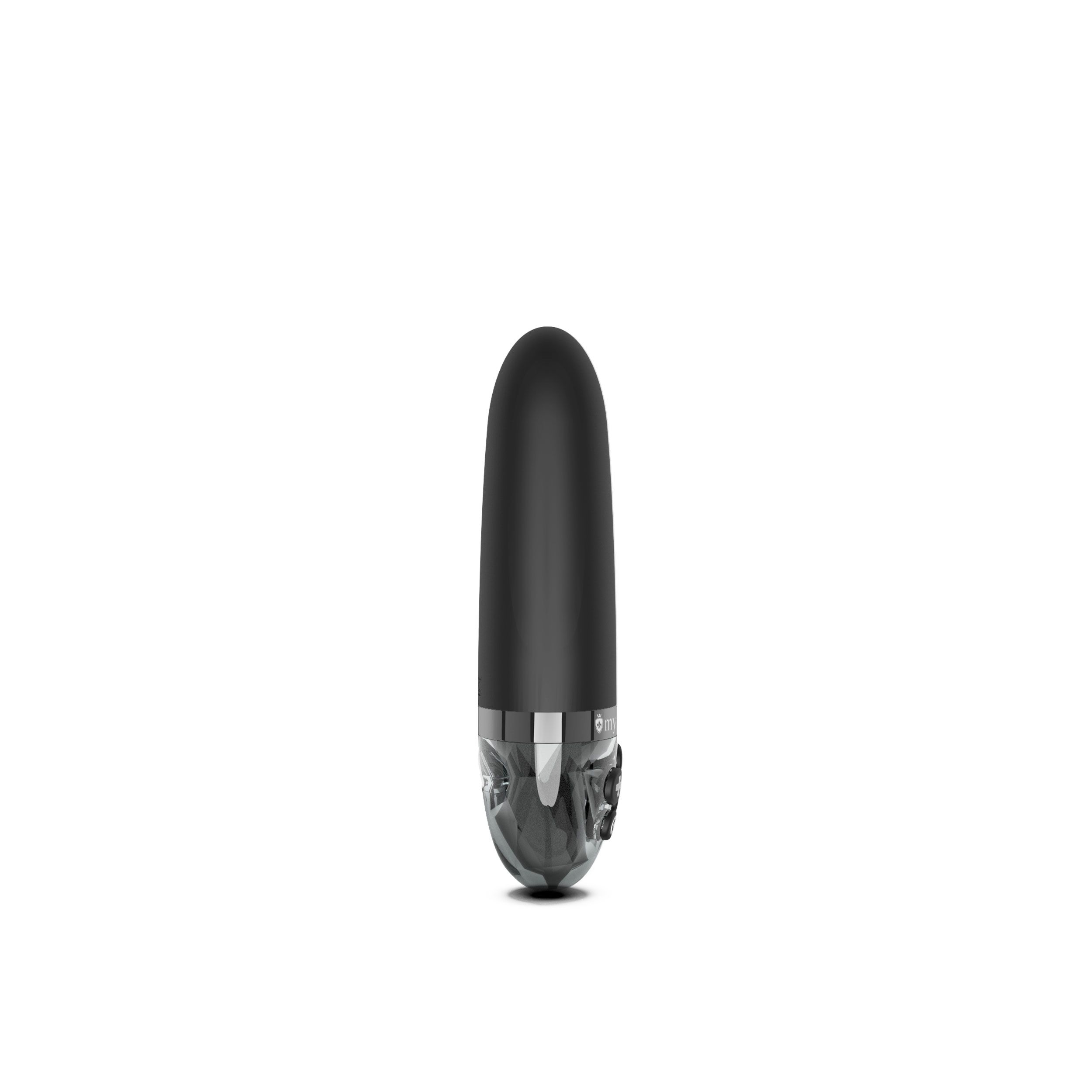 Schwarzer Vibrator mit abgerundeter Spitze und transparentem Kristall-Design am unteren Ende.