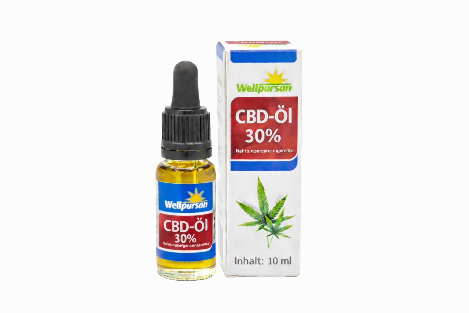 Wellpursan CBD-Öl 30% Flasche mit Pipette und Faltschachtel.