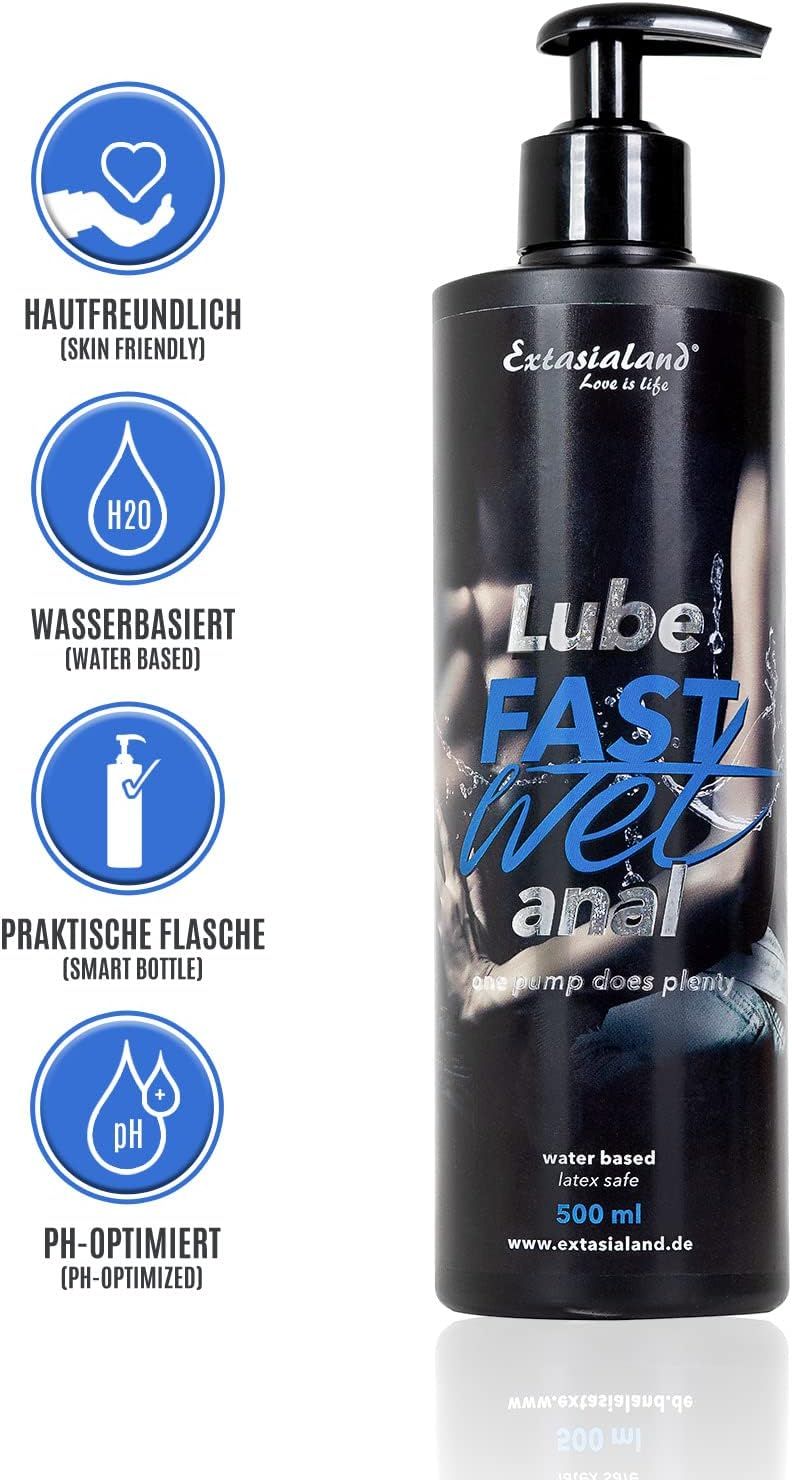 Schwarze Flasche mit Pumpe. Text: Lube, Fastwet anal. 500 ml. Hautfreundlich, wasserbasiert, pH-optimiert.
