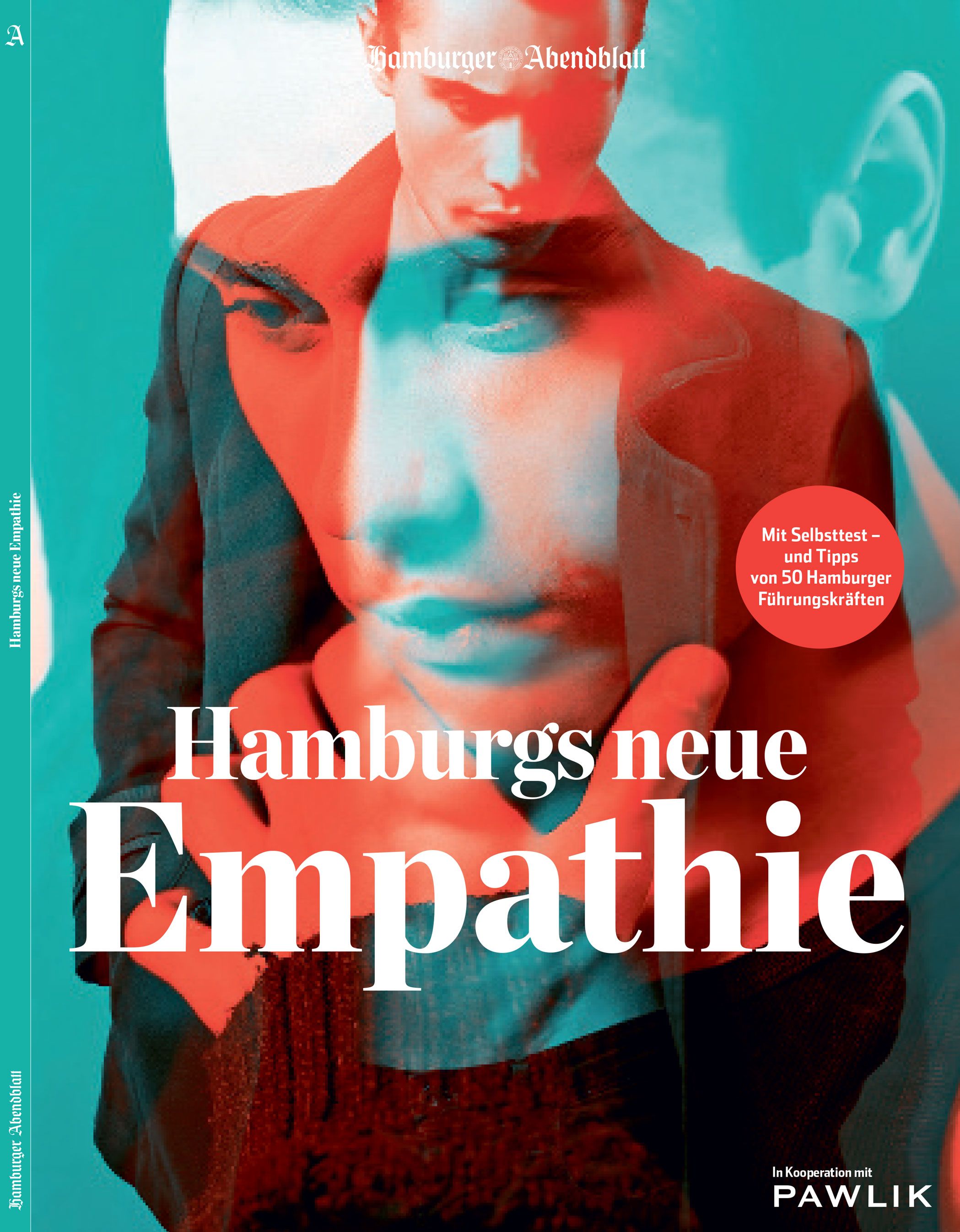 Buchcover mit Titel „Hamburgs neue Empathie“. Überlagerte Porträts in Rot und Türkis. Text: „Mit Selbsttest- und Tipps von 50 Hamburger Führungskräften“.