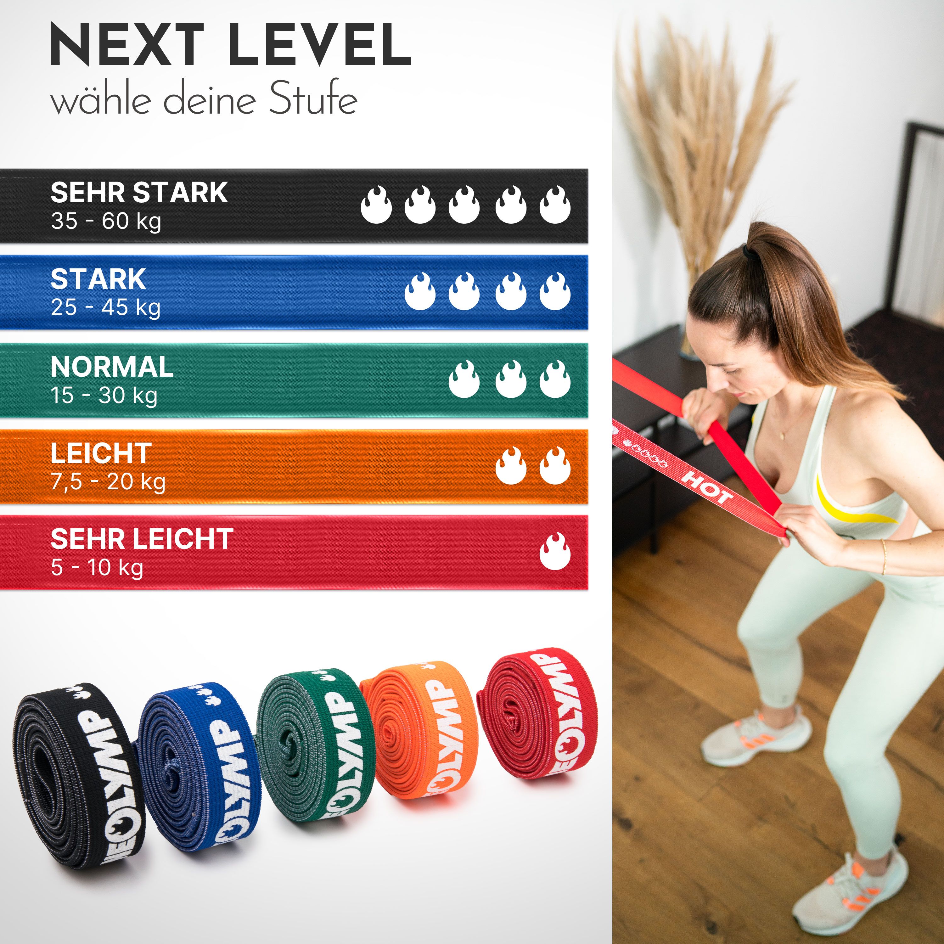 Frau trainiert mit rotem Fitnessband. Farbige Bänder mit Markenschriftzug. Skala mit Widerstandsstufen und Flammen-Symbolen.