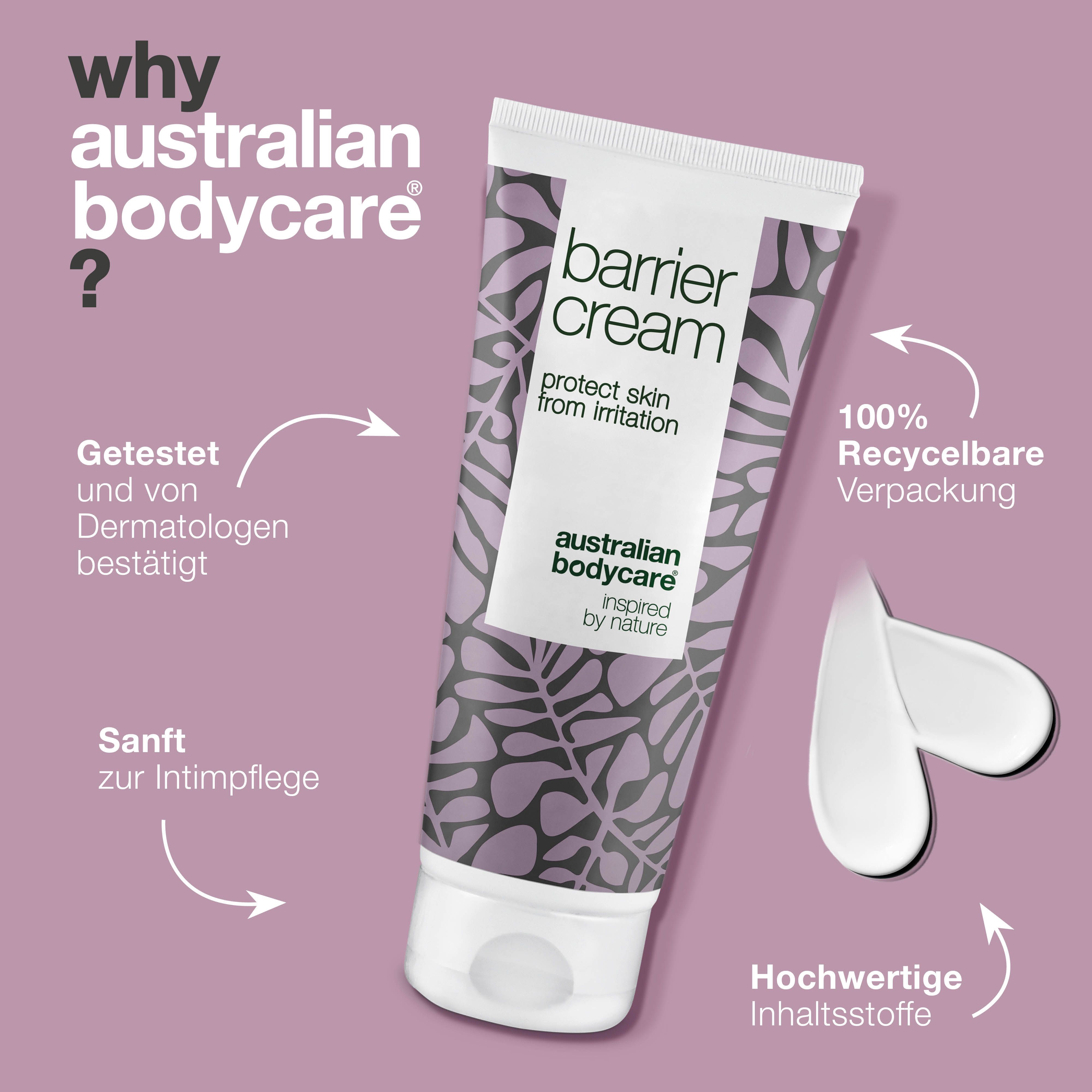 Grafik: Warum Australian Bodycare? Tube Barrier Cream. Aufschrift: protect skin from irritation. Marke: Australian Bodycare.