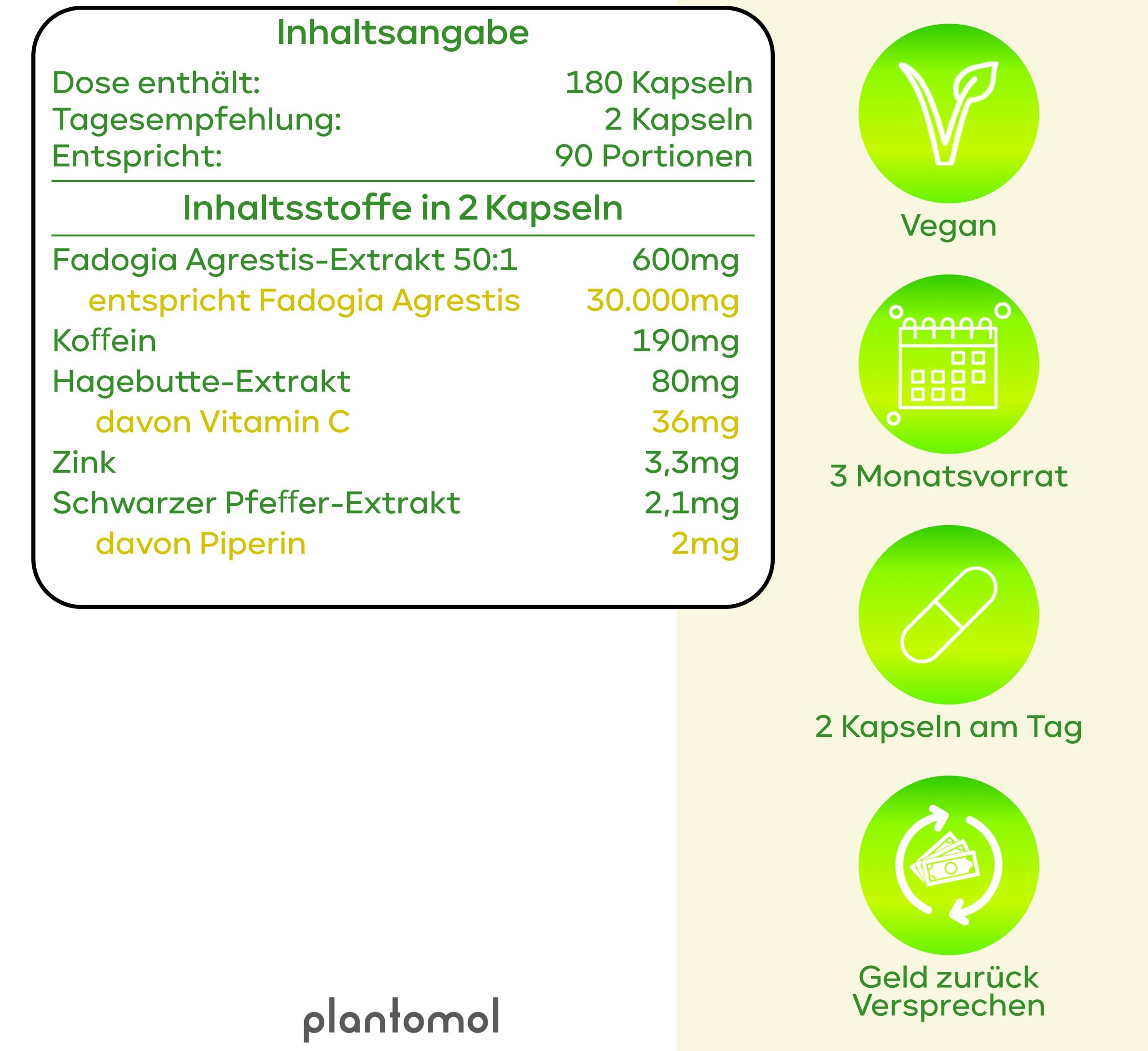 plantomol® Fadogia Agrestis Extrakt Kapseln 50:1 - mit Koffein, Vitamin C aus Hagebutte & Zink