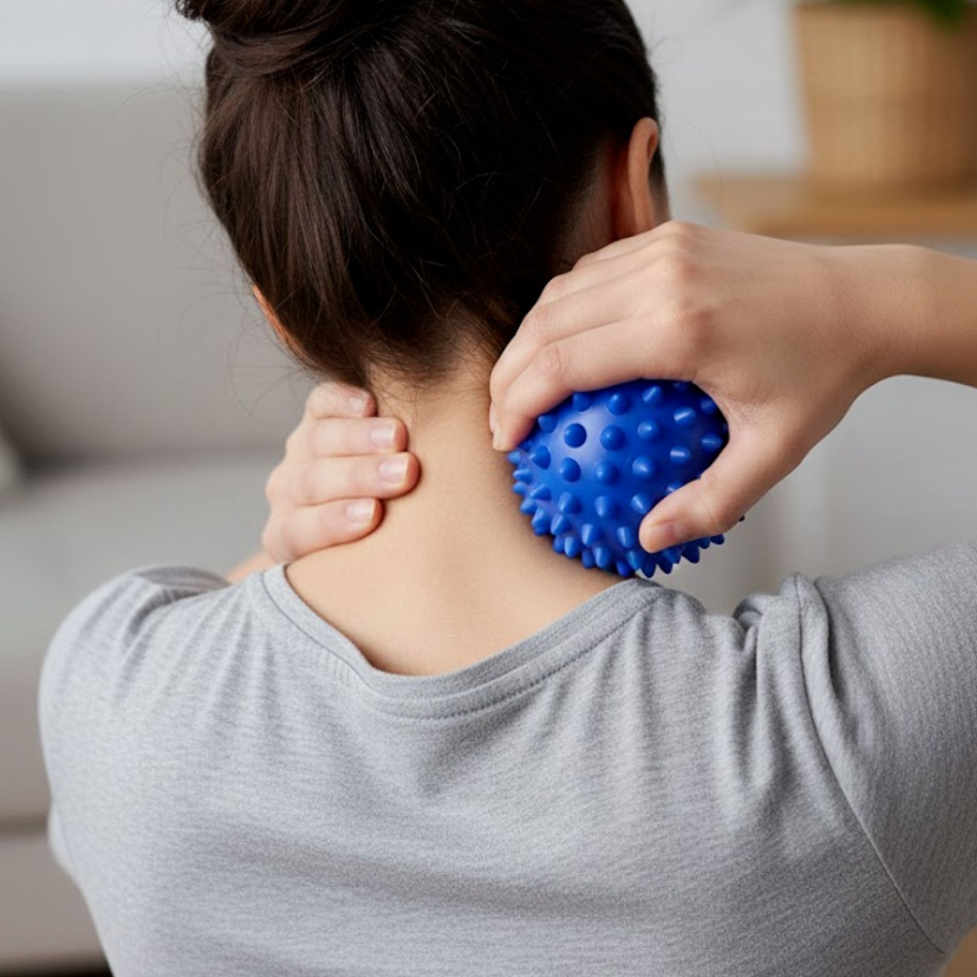 Person hält blauen Massageball mit Noppen am Nacken. Graues T-Shirt. Nahaufnahme. Helle Umgebung.
