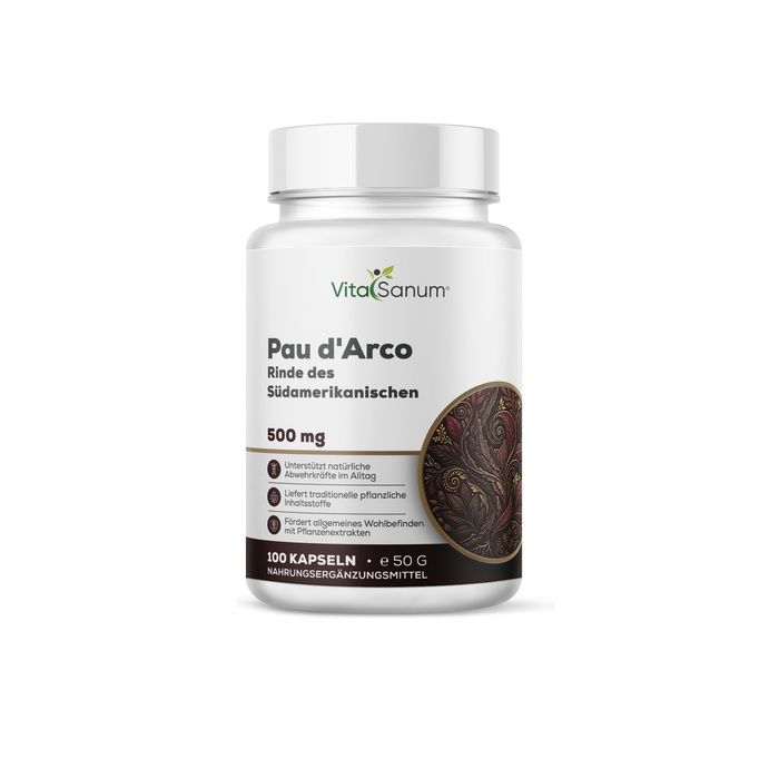 Weiße Dose mit VitaSanum® Pau d'Arco Kapseln, 500 mg. Enthält 100 Kapseln.