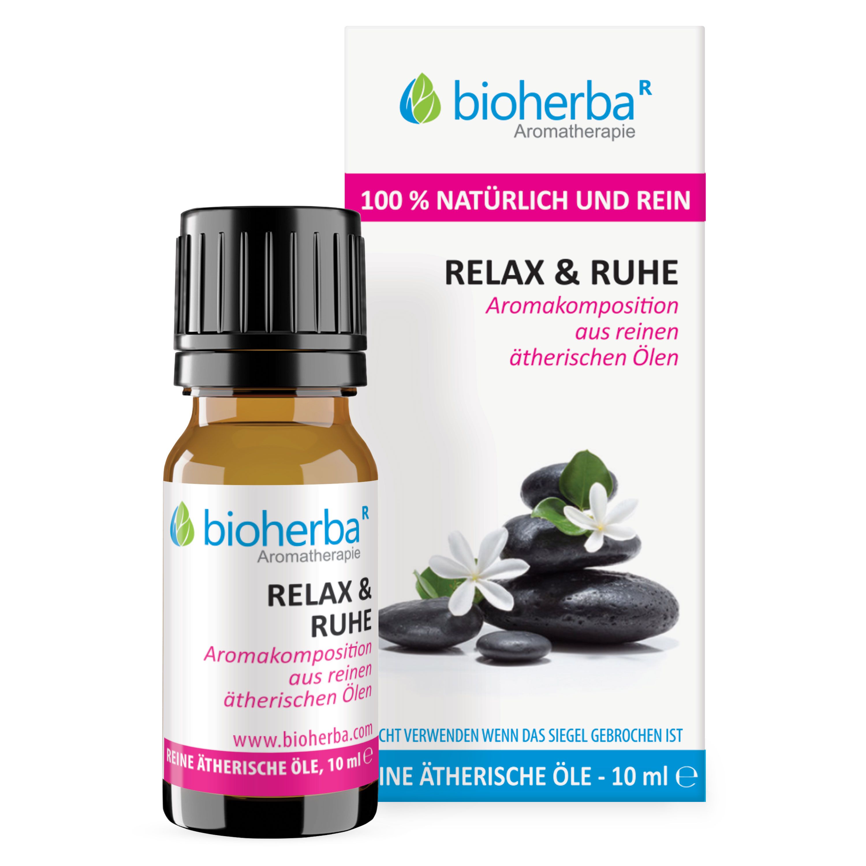 Braune Glasflasche mit schwarzem Deckel, Bioherba Relax & Ruhe, 10 ml. Verpackung mit Steinen und Blüten.