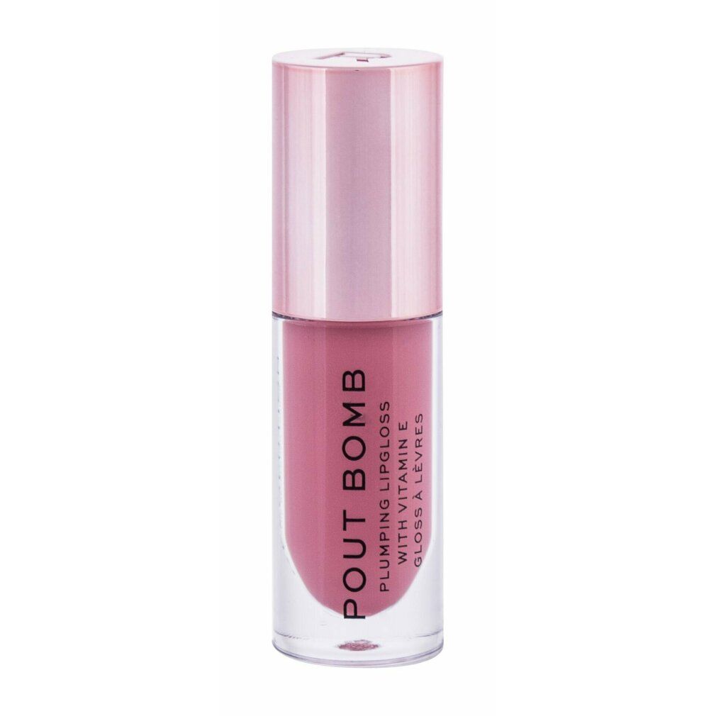 Lipgloss-Fläschchen mit rosa Inhalt und Deckel. Aufschrift: Pout Bomb, Plumping Lipgloss mit Vitamin E, Gloss à Lèvres.