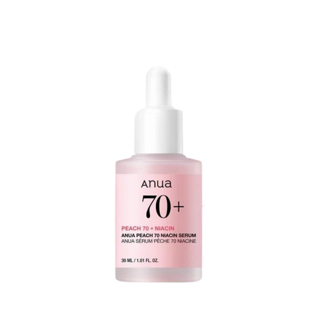 Anua Peach 70+ Niacin Serumflasche mit Pipette, rosa Flüssigkeit.