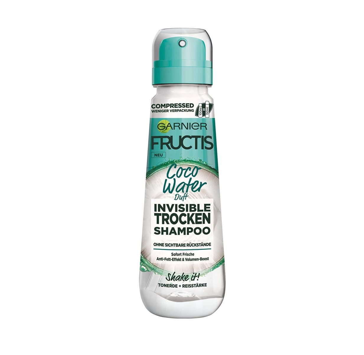 Flacone di shampoo secco Garnier Fructis. Bianco, tappo turchese. Testo: Coco Water, Invisible Trocken Shampoo.