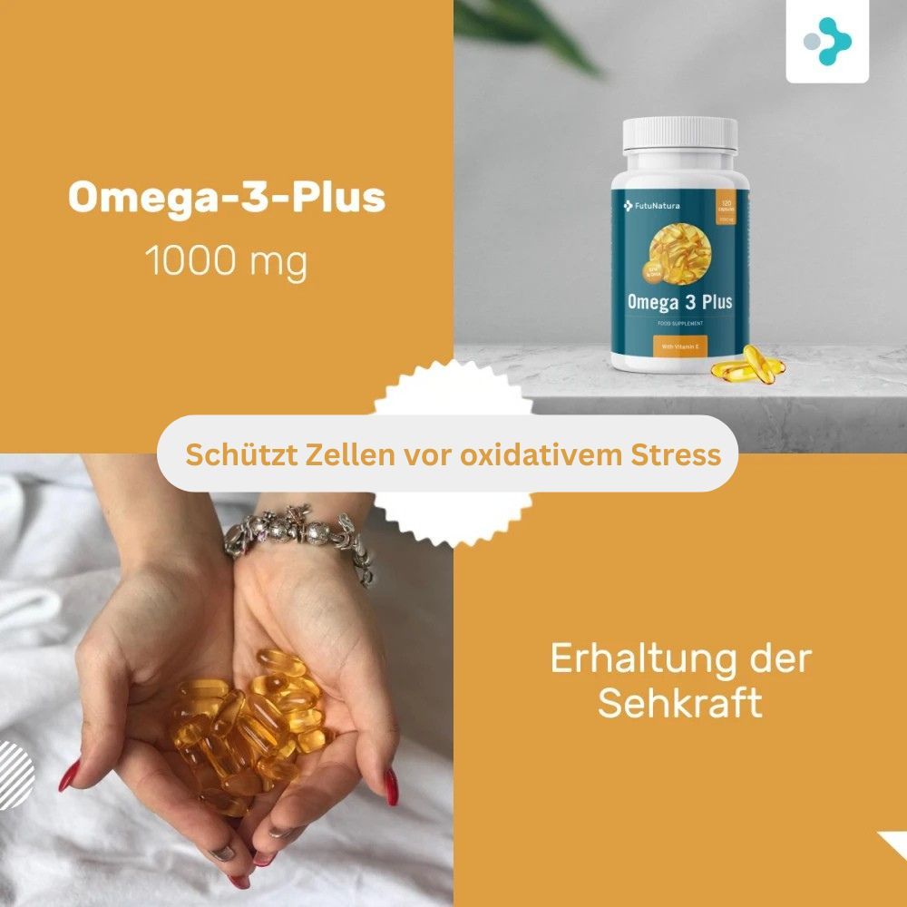 Omega-3-Plus Kapseln. Eine Hand hält Kapseln. Auf gelbem Hintergrund. Text: Schützt Zellen vor oxidativem Stress, Erhaltung der Sehkraft.