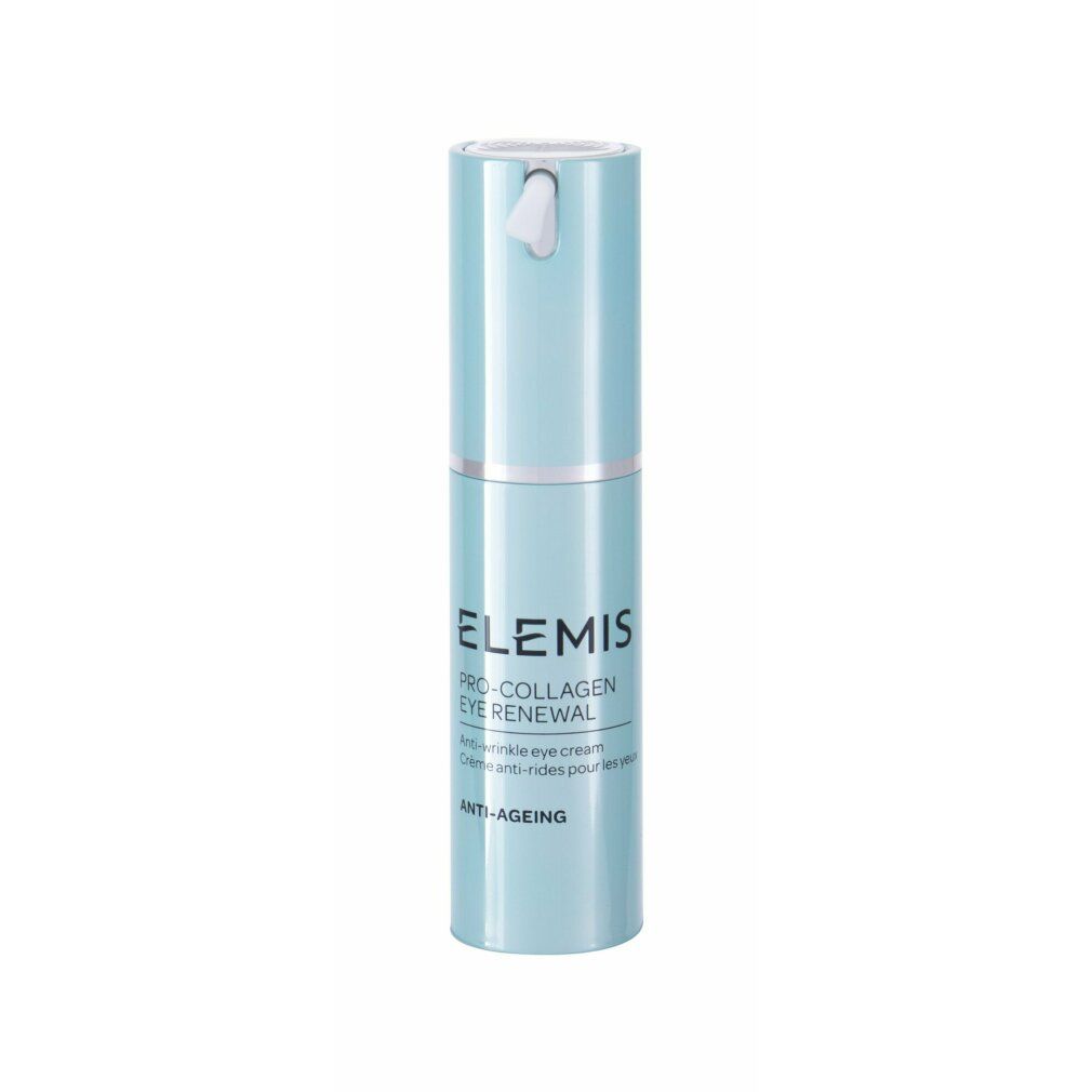 Hellblaue, zylindrische Flasche. Elemis Pro-Collagen Eye Renewal. Anti-Aging-Text. Weißer Spenderkopf.