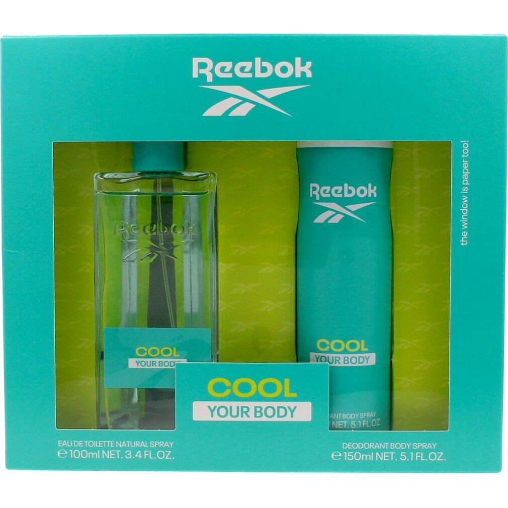 Reebok Cool Geschenkset. Enthält Eau de Toilette und Deodorant Spray in einer Geschenkbox. Türkis und Weiß. Text: COOL YOUR BODY.