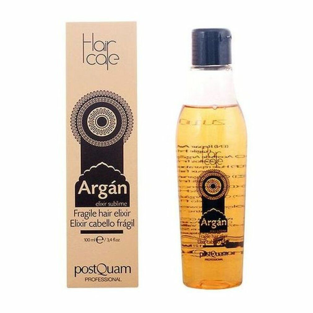 Flasche und Verpackung. Flasche mit gelbem Öl, schwarzem Deckel. Verpackung: Argán, Fragile hair elixir, PostQuam.