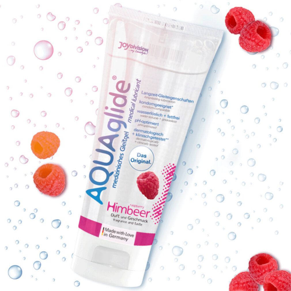 Tube mit AQUAglide Himbeer. Himbeer-Illustration. Wasser-Hintergrund mit Himbeeren.