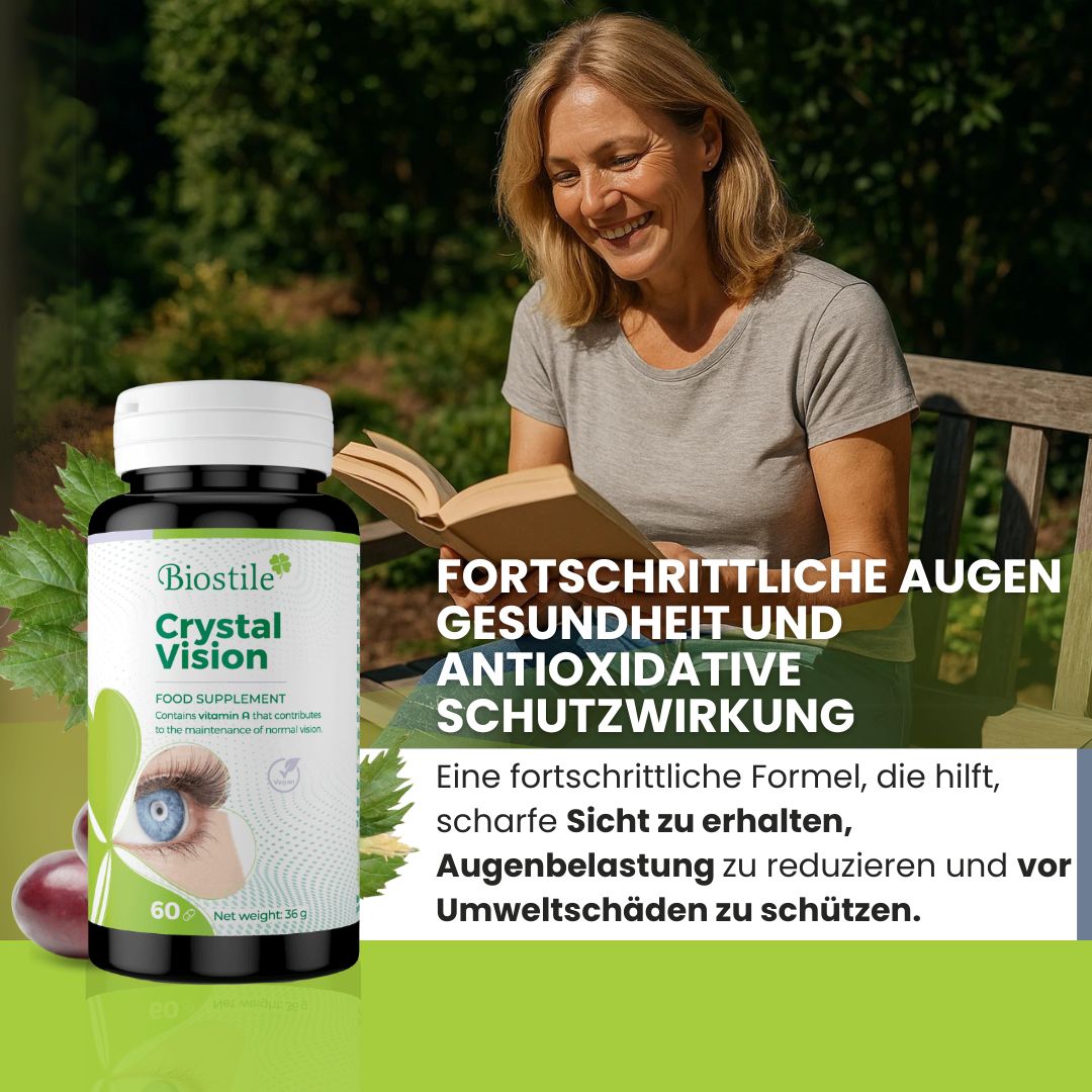 Frau liest Buch, daneben Flasche Biostile Crystal Vision. Text: Fortschrittliche Augen, Gesundheit und antioxidative Schutzwirkung.