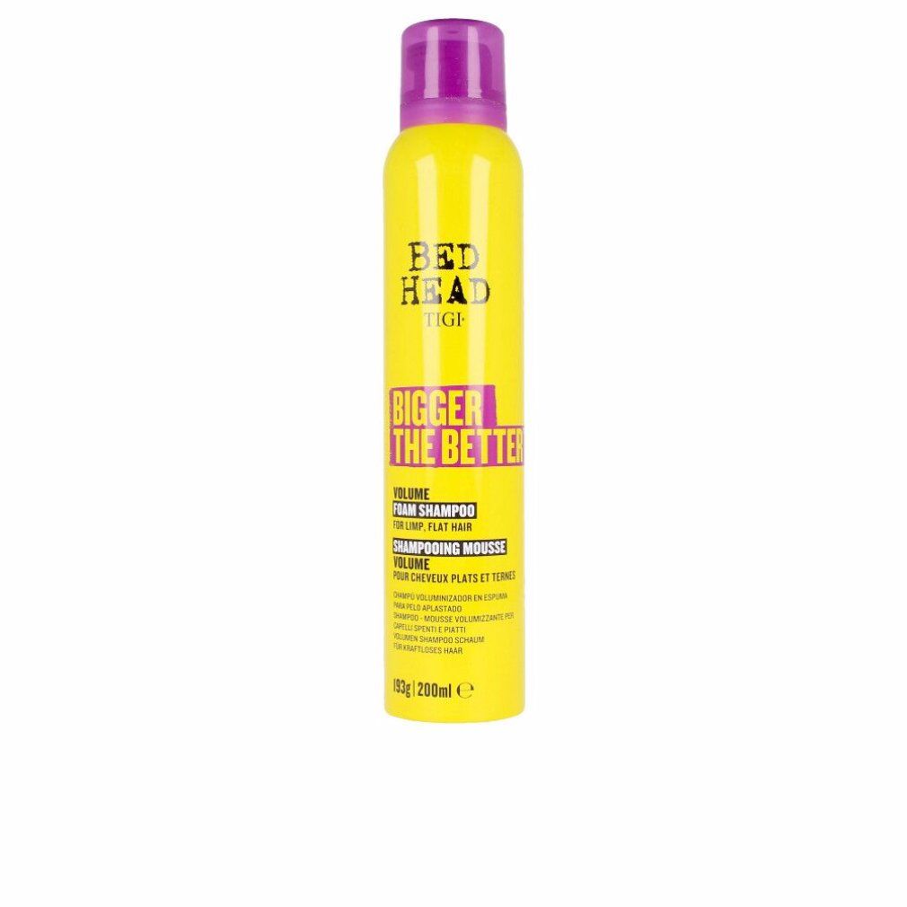 Gelbe Tigi Bed Head Volume Foam Shampoo Flasche mit lila Verschluss. Text: Bigger The Better, Volume Foam Shampoo, 193g/200ml.