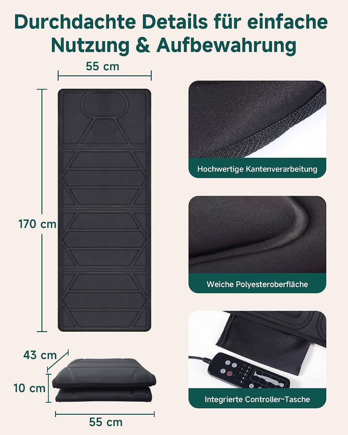 Details einer gefalteten Massagematte: Maße 170x55x10 cm, hochwertige Verarbeitung.