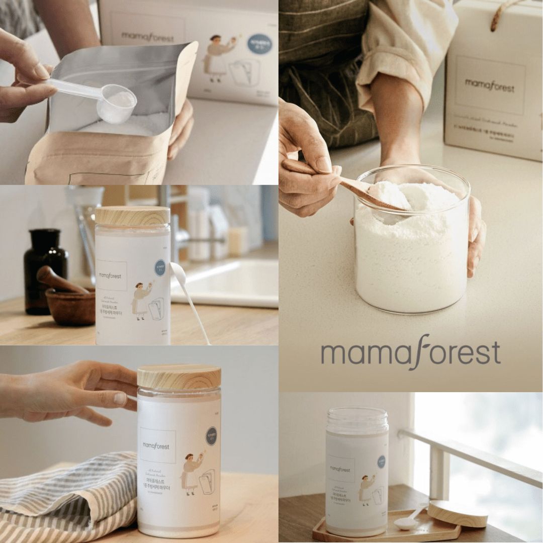 Verschiedene Ansichten des Produkts. Mamaforest Geschirrspülpulver in Dose und Anwendung. Zubehör: Löffel, Tuch, Schüssel.