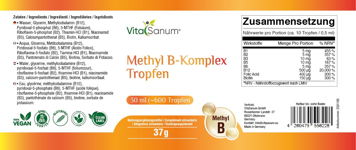 Etikett mit Produktname, Logo und Inhaltsstoffen. Orangefarbener Streifen mit Text. Vegan-Siegel. Tropfen.