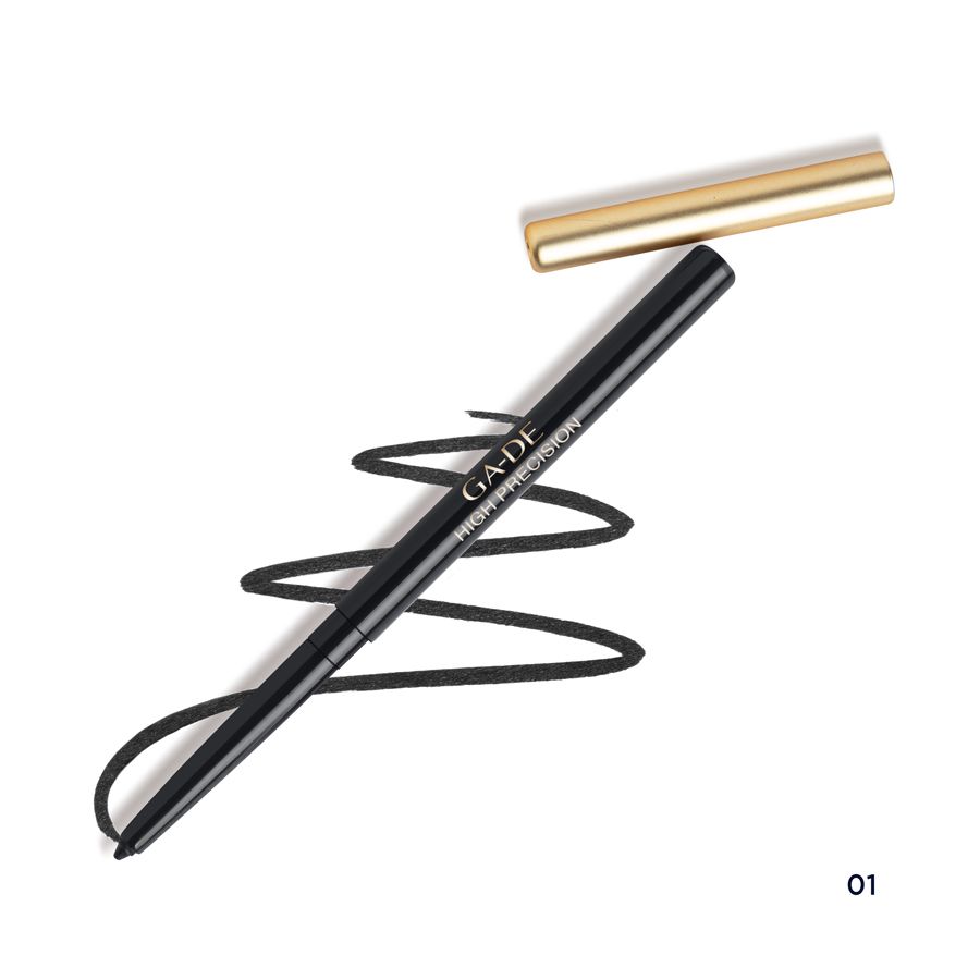 Schwarzer Eyeliner mit geöffneter goldfarbener Kappe. Schwarze Linie daneben. Aufschrift: GA-DE HIGH PRECISION.