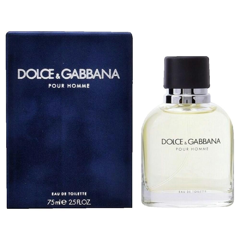 Dolce&Gabbana Pour Homme Eau de Toilette, Flakon und Verpackung. Flakon mit schwarzem Verschluss, blaue Verpackung.
