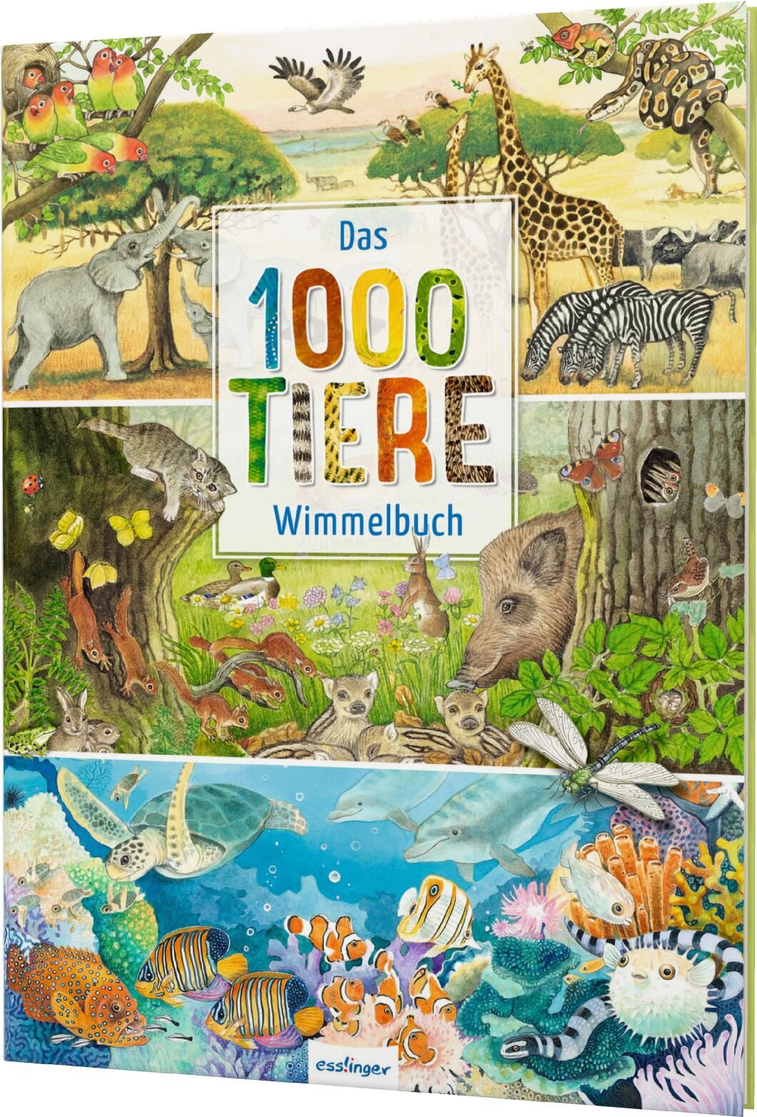 Buchcover mit Titel "Das 1000 Tiere-Wimmelbuch". Illustrationen von Tieren in verschiedenen Lebensräumen.