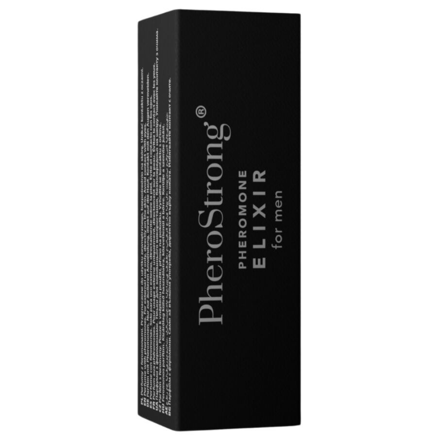 Schwarze Verpackung mit silbernem Schriftzug: PheroStrong, Pheromone Elixir for men.
