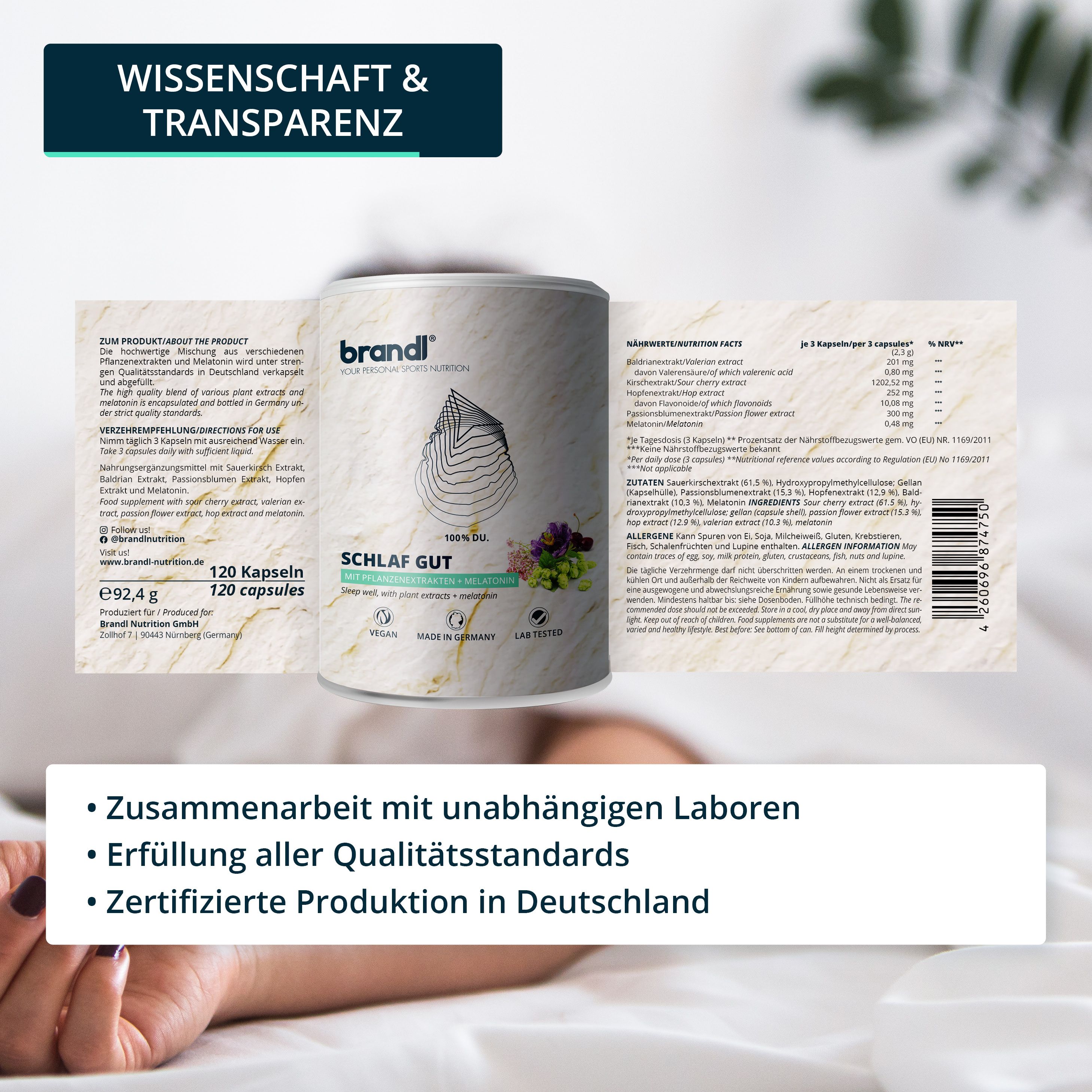 brandl® Melatonin mit Baldrian, Passionsblume, Sauerkirsche & Hopfen