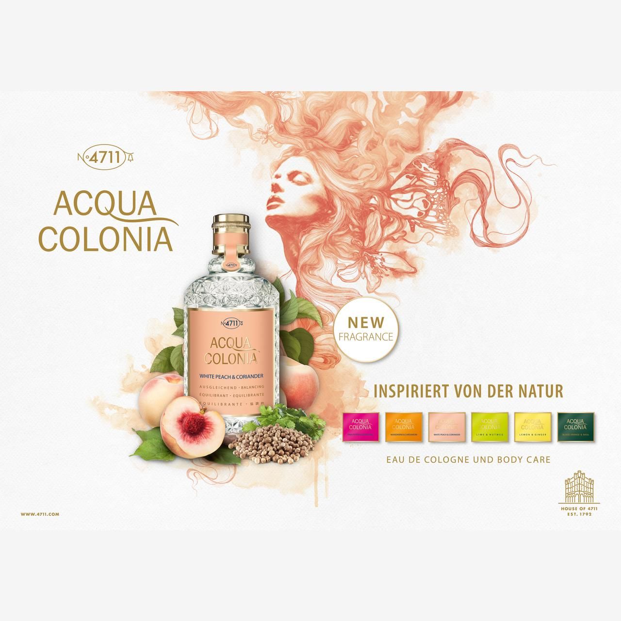 Werbeplakat mit Flasche, Pfirsichen und Frauengesicht. Text: Acqua Colonia. Neue Duftnote. Farbenfrohe Quadrate.