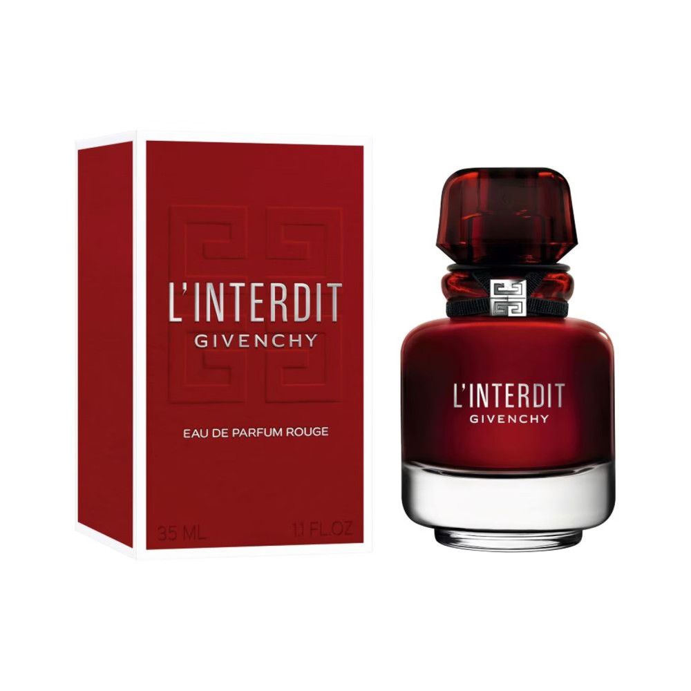 Roter Flakon und Verpackung von Givenchy L'Interdit Eau de Parfum Rouge. Flakon mit schwarzem Band und silbernem Logo. Verpackung mit Logo.