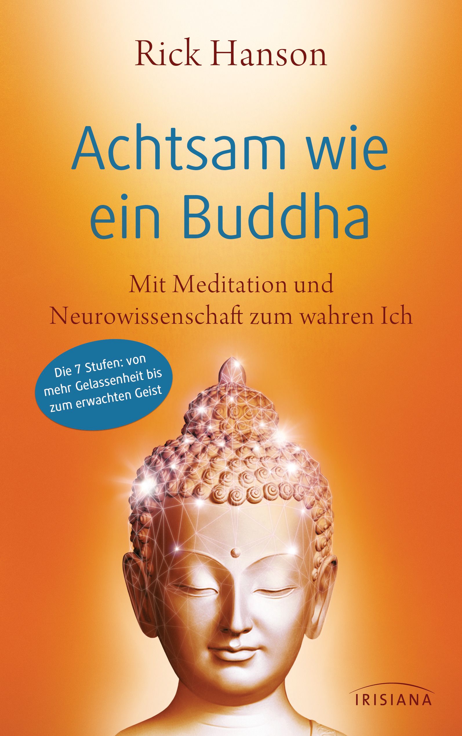Buchcover mit Titel "Achtsam wie ein Buddha" von Rick Hanson. Abbildung eines Buddha-Kopfes vor orangefarbenem Hintergrund.