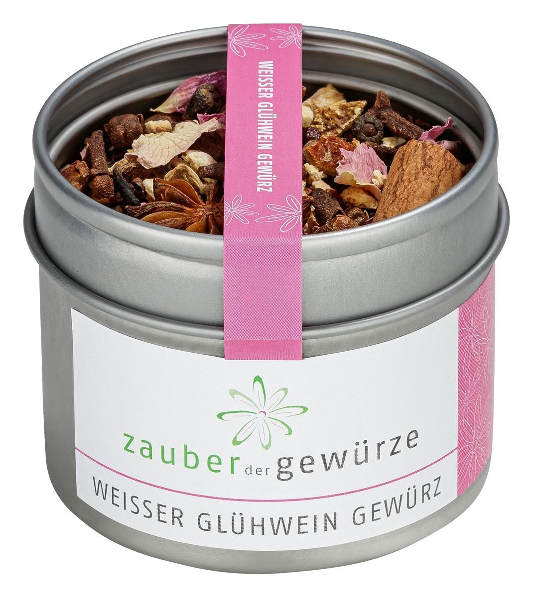 Runde Metallbox mit Gewürzen. Rosa Etikett mit Text. Aufschrift: Zauber der Gewürze Weisser Glühwein Gewürz.