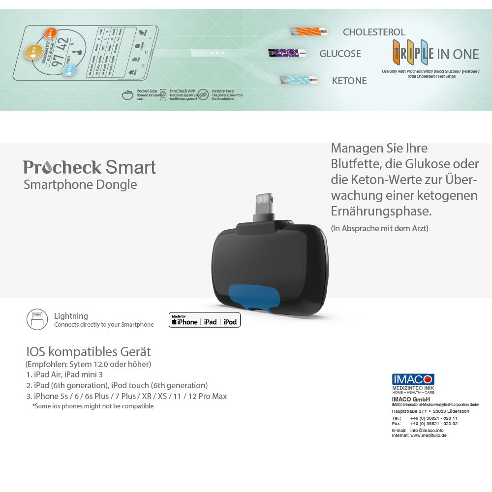 Procheck Smart Multi Dongle im Starterset- inkl. Cholesterin, Keton, Blutzucker Teststreifen 1 St