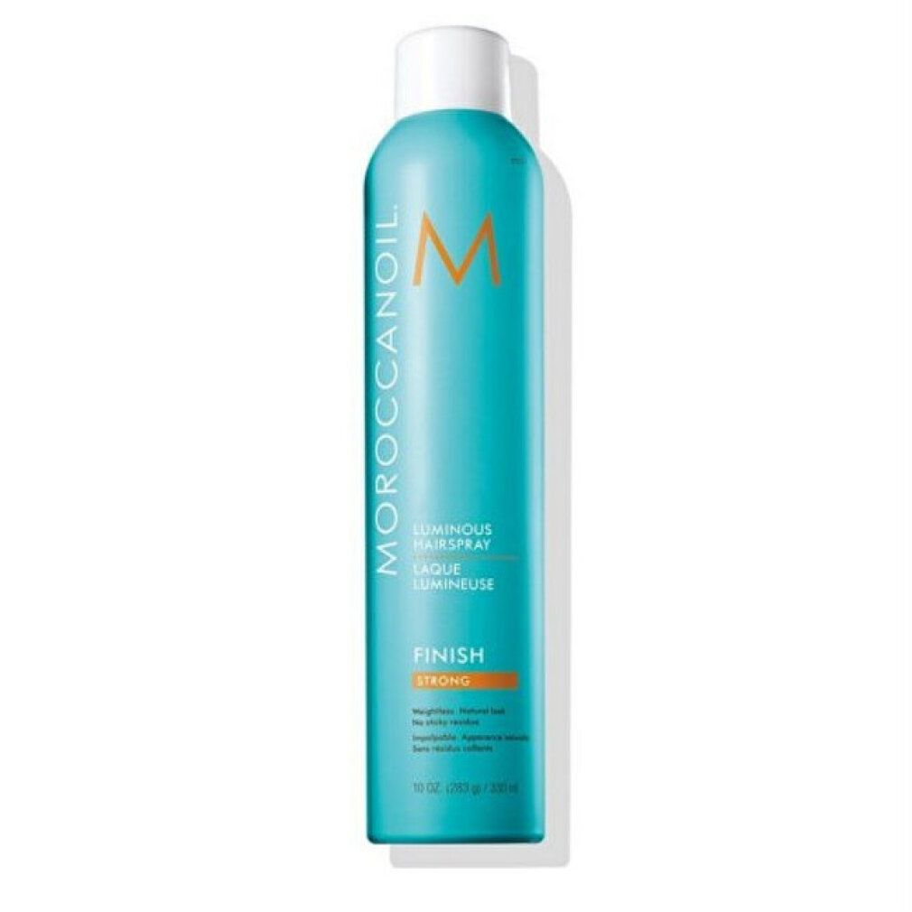 Türkisblaue Sprühflasche mit weißem Deckel. Aufschrift: MOROCCANOIL, Luminous Hairspray, Finish Strong. Orangefarbener Streifen.