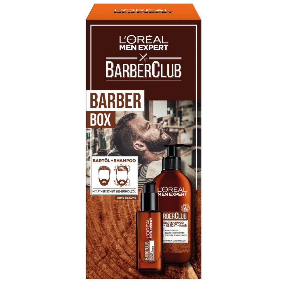 Bartpflege-Set. Enthält Bartöl und Shampoo. L'Oréal Men Expert Barber Club. Verpackung mit Produktabbildung und Logo.