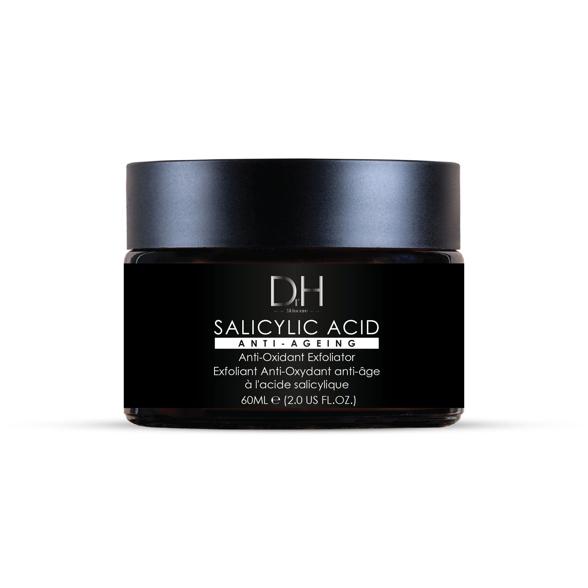 Schwarzer Tiegel mit Deckel. Aufschrift: Salicylsäure, Anti-Aging, Anti-Oxidant. DH-Logo. 60ml.
