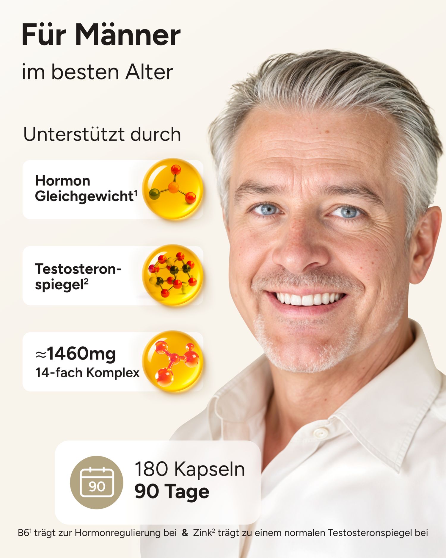 Ein Mann lächelt. Text: Für Männer im besten Alter. Hormongleichgewicht, Testosteronspiegel, 14-fach Komplex. 180 Kapseln, 90 Tage.