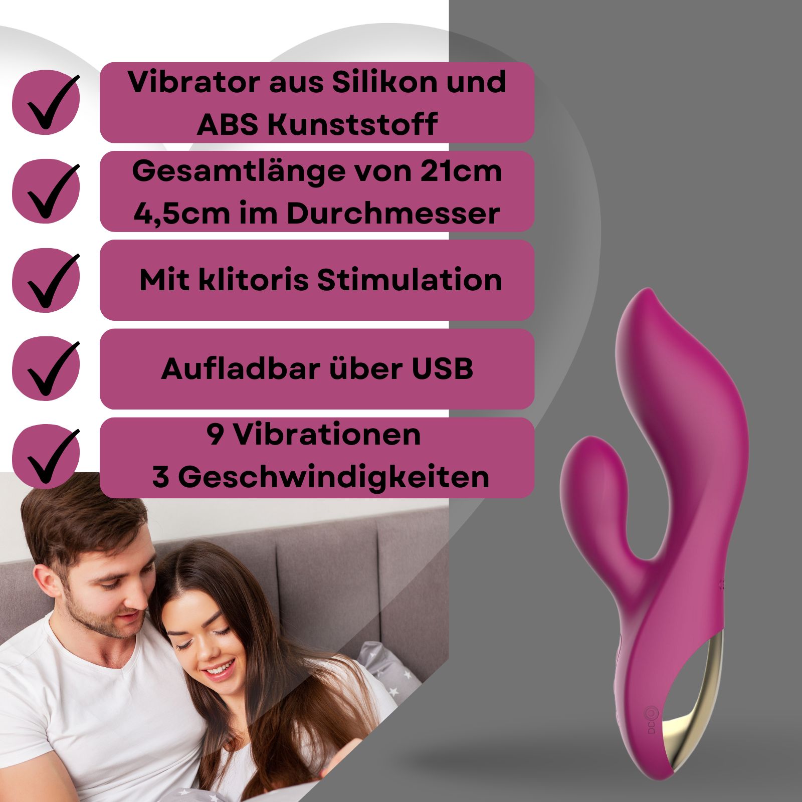 Lila Vibrator mit Klitoris Stimulation. Hintergrund: Paar. Auf weißer Plattform. Mit drei Knöpfen. Goldfarbener Akzent.