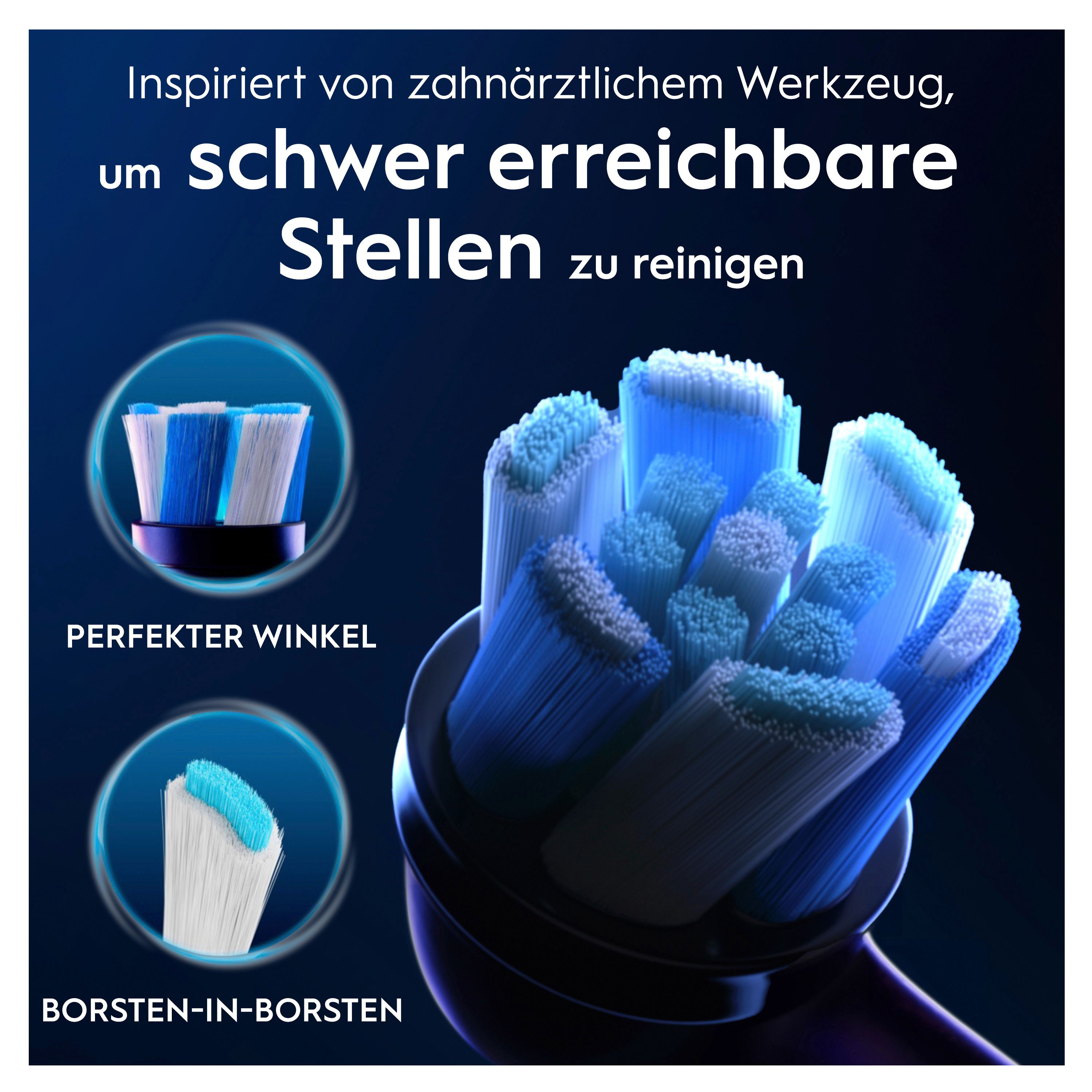 Nahaufnahme einer Zahnbürste mit blauen und weißen Borsten. Text: Perfekter Winkel, Borsten-in-Borsten.