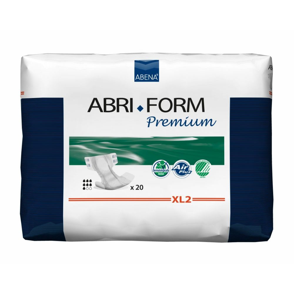 Abena Abri-Form Premium Windelpackung. XL2, 20 Stück. Abena-Logo. Air Plus und Nordic Swan Ecolabel.