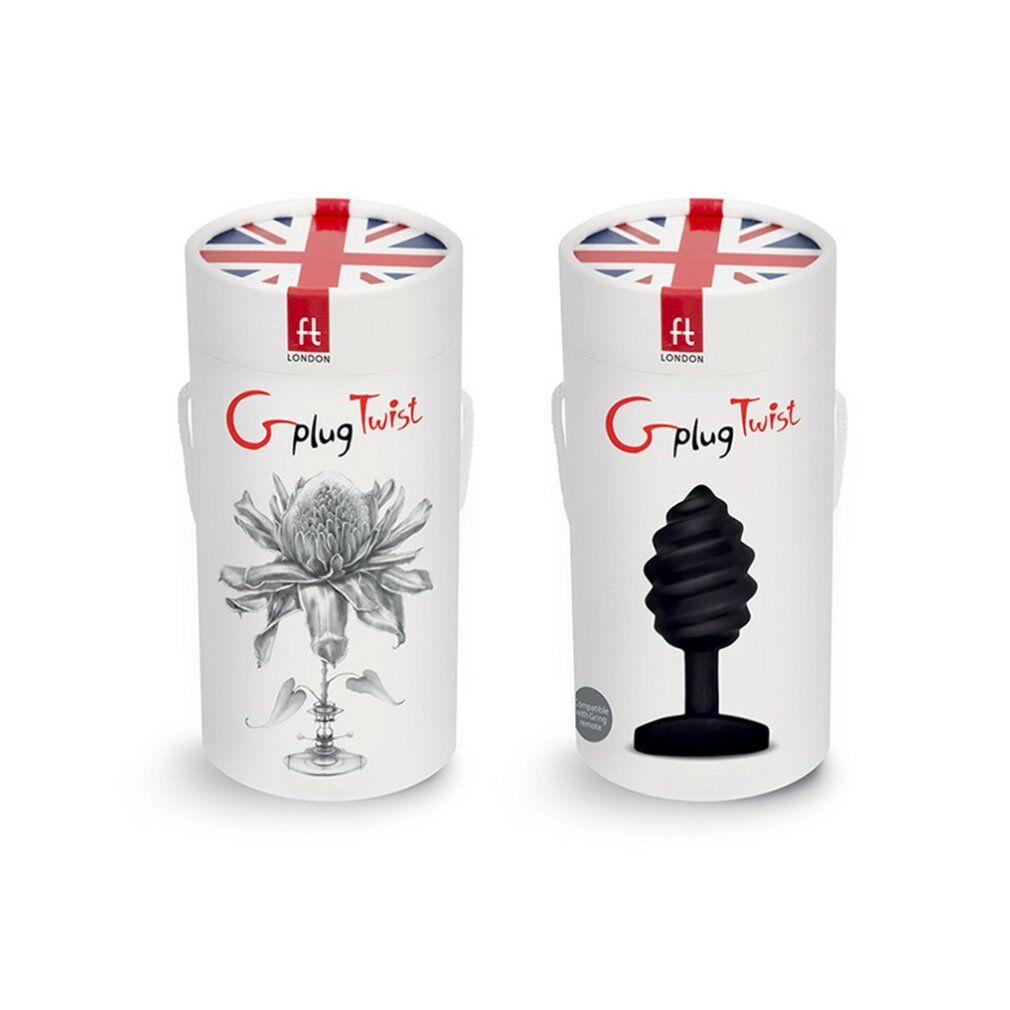 Zwei zylindrische Verpackungen. Aufdrucke: Union Jack, Logo, Schriftzug "G Plug Twist" und Illustrationen. Eine Verpackung mit Blume, die andere mit schwarzem Plug.