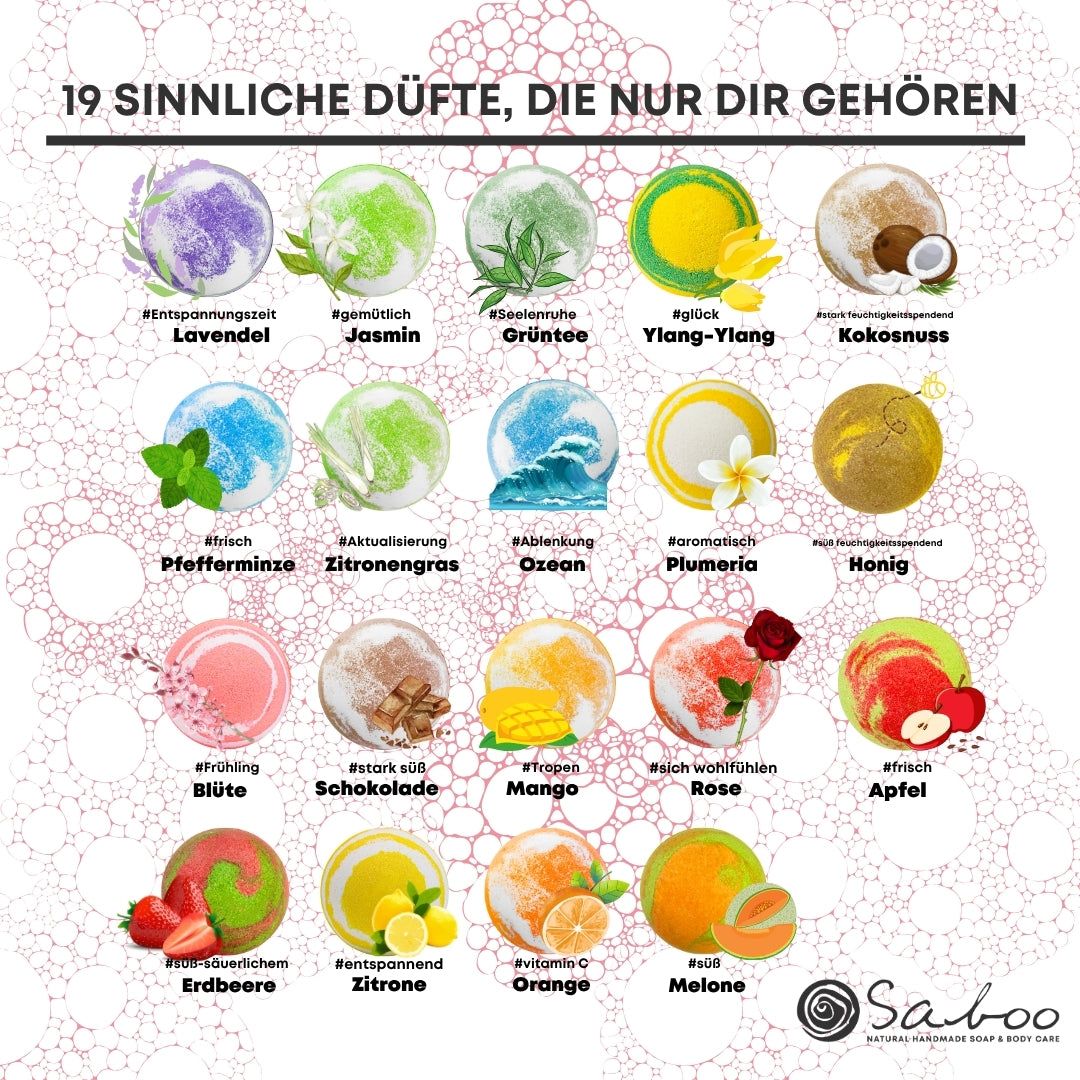 19 Düfte: Lavendel, Jasmin, Grüner Tee, Ylang-Ylang, Kokosnuss, Pfefferminze, Zitronengras, Ozean, Plumeria, Honig, Rose, Apfel.