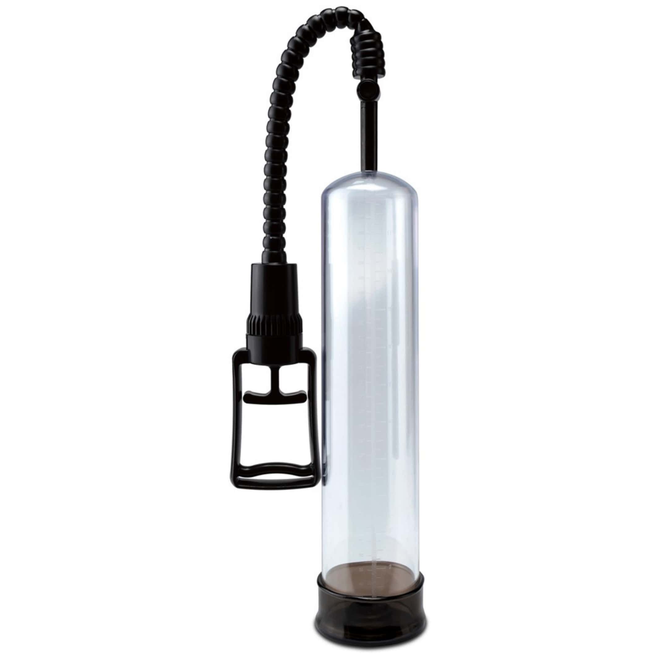 Pumpe mit Zylinder, Schlauch und Griff. Transparenter Zylinder, schwarze Elemente. Manuelle Pumpfunktion.