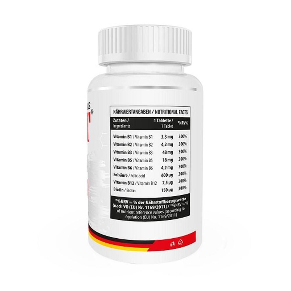 Flasche mit Nahrungsergänzungsmitteln, Rückseite mit Nährwertangaben und Zutatenliste für Vitamin B-Komplex.